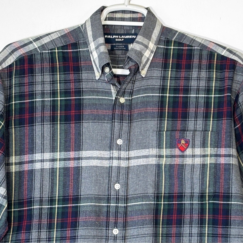 Ralph Lauren Golf Tilden Plaid Button Down Shirt Mens Medium Grey Red Cotton